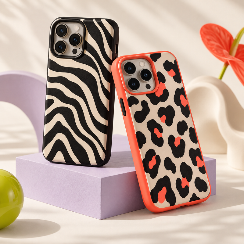 Phone case design concepts with black-and-cream zebra stripes and coral leopard spots