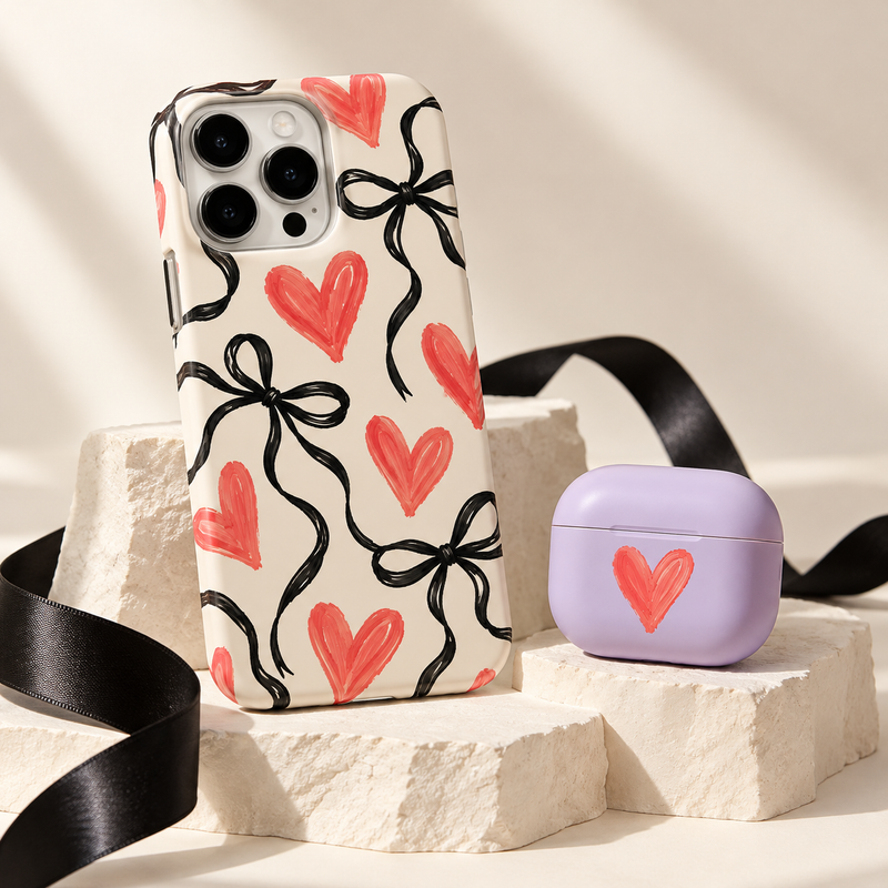 Phone case and lilac earbuds case concepts with bows and coral hearts