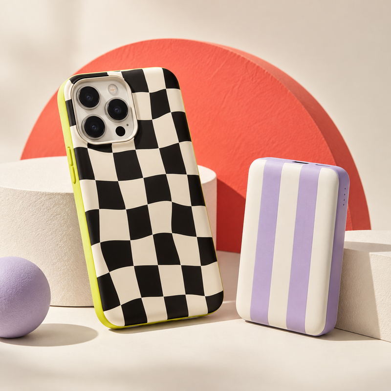 Phone case and accessory concepts with black-and-cream checks and lilac stripes