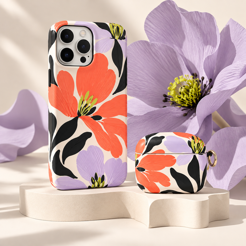 Phone and earbuds case concepts with coral and lilac floral artwork