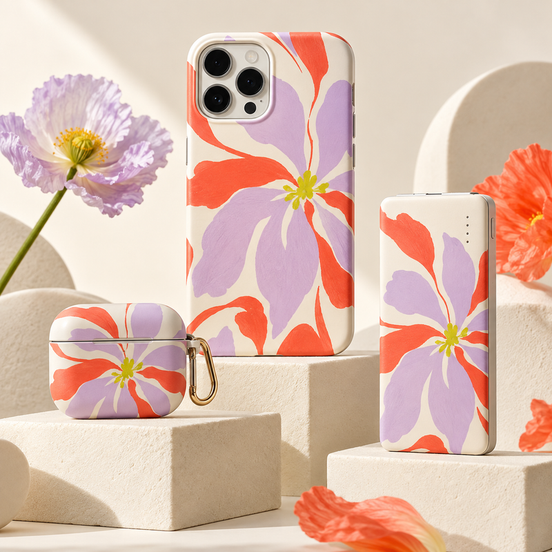 Phone case, earbuds case and power bank concepts with coordinated lilac and coral florals
