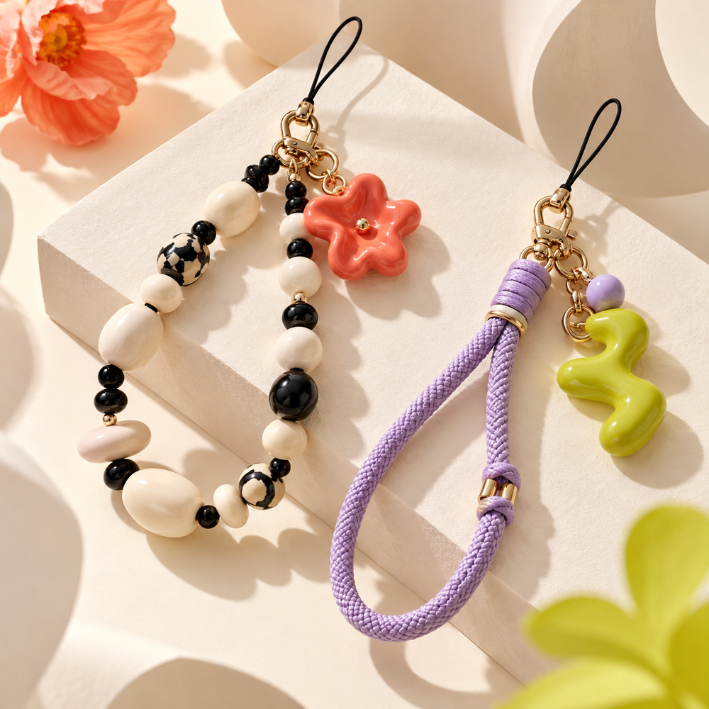 Beaded black-and-cream phone strap and lilac cord charm design concepts